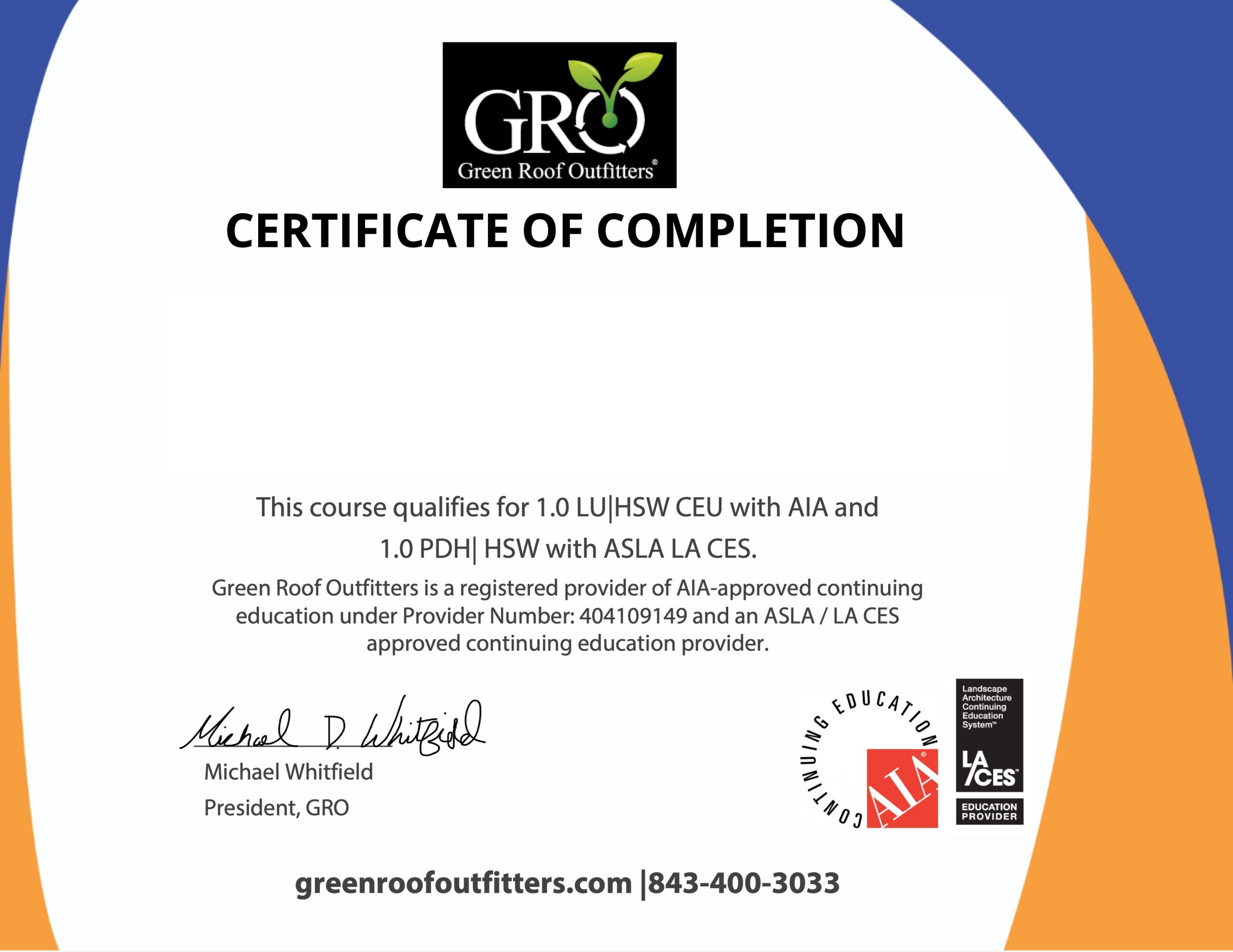 Certificate of Completion: Green Roof Amenity Green Roof Outfitters